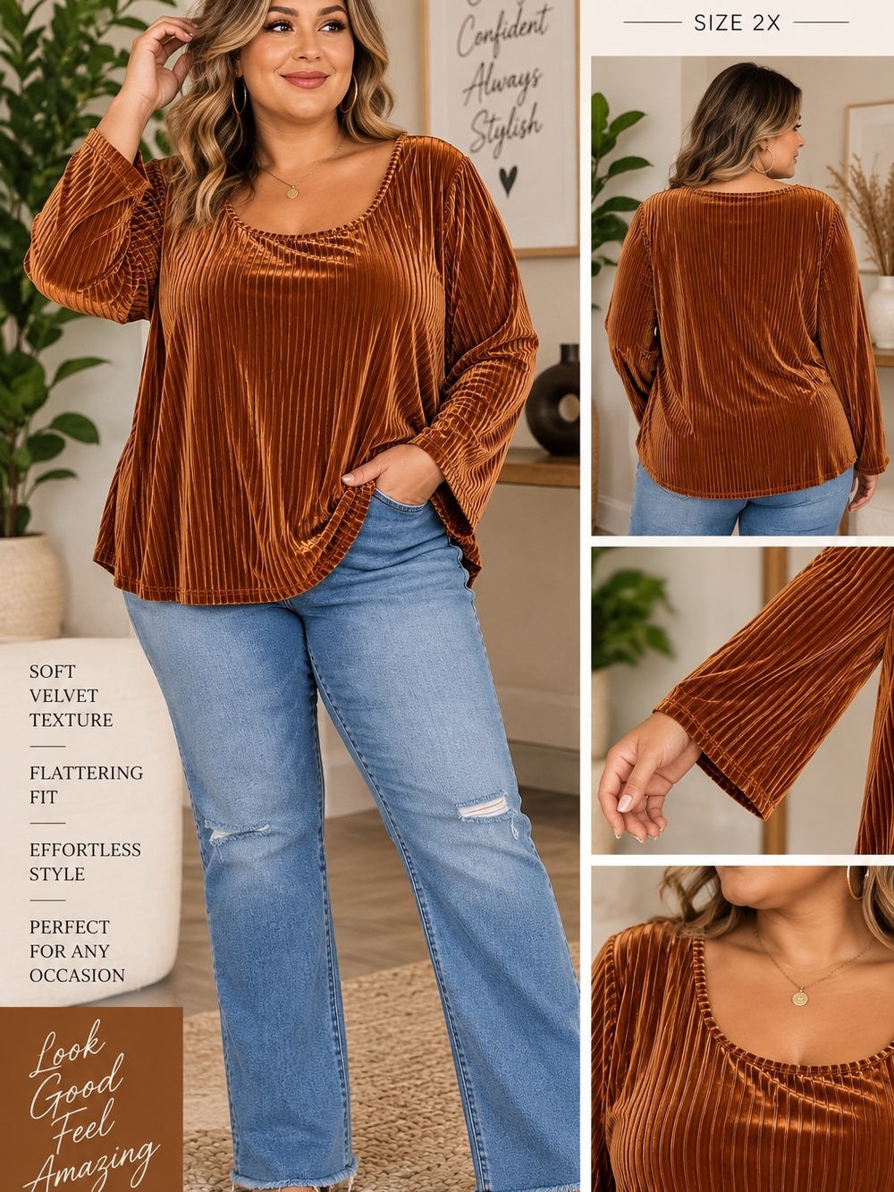 Plus-Size Velvet Ribbed Long-Sleeve Tunic Top - Rust